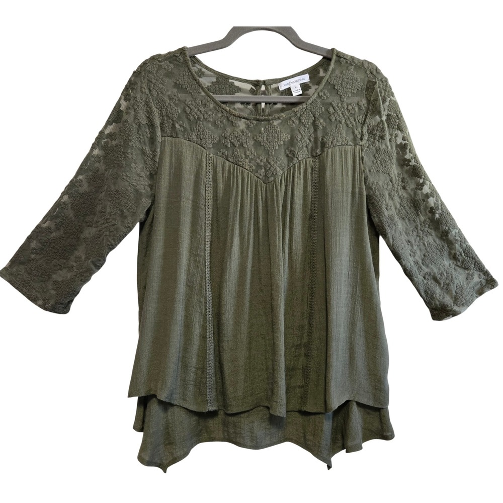 John Paul Richard Boho Coquette Olive Lace Yoke 3/4 Sleeve Blouse Sharkbite L